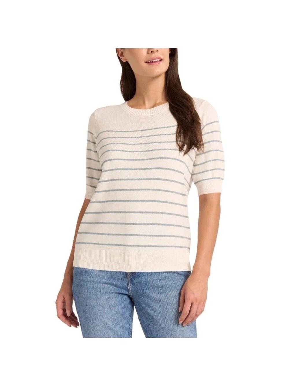 NWT Matty M Women's M Striped Short Sleeve Sweater Cream C1194